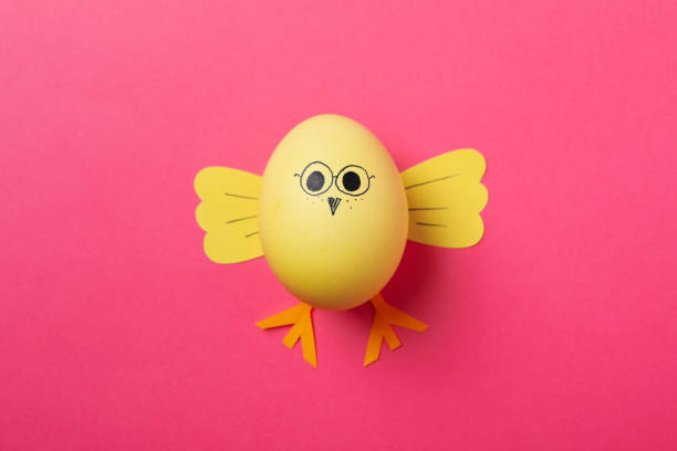 istock Yellow chick made of egg on pink background, space for text 1212027400