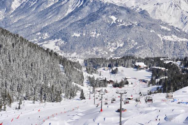 Ski resort in winter with snowy mountains
