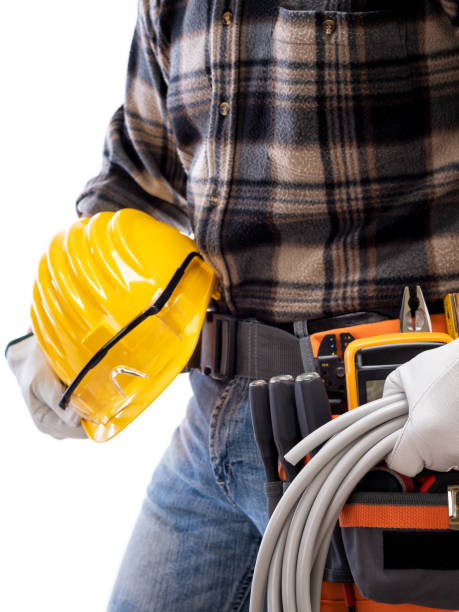 istock Electrician with tool belt on a white background. Electricity. 1212029478