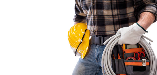 istock Electrician with tool belt on a white background. Electricity. 1212029483