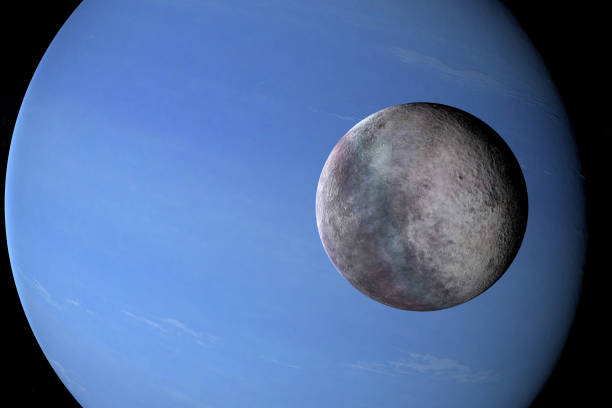 트리톤은 역행 궤도에서 해왕성 행성 주위를 도는다. 3d 렌더링 - triton 뉴스 사진 이미지