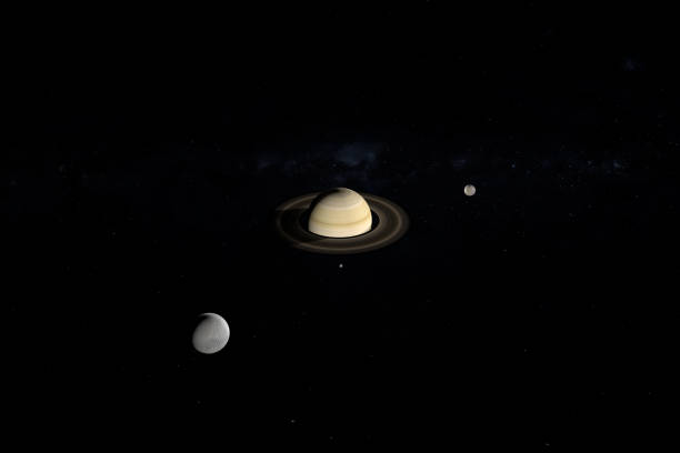 istock Tethys, Mimas and Enceladus orbiting around Saturn planet. 3d render 1212035639