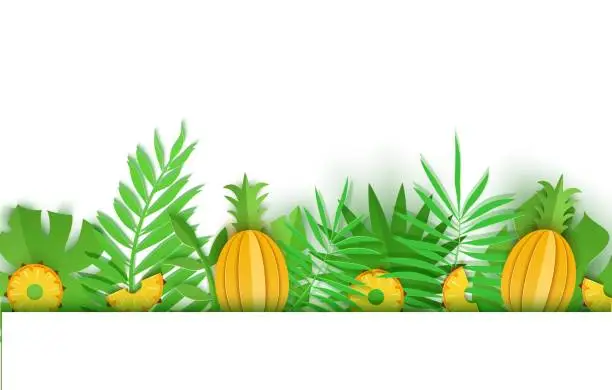 Vector illustration of Seamless border of summer tropical leaves an pineapple in paper cut style. Craft jungle green plants botanic collection with shadow. Creative vector card illustration in paper cutting art style.