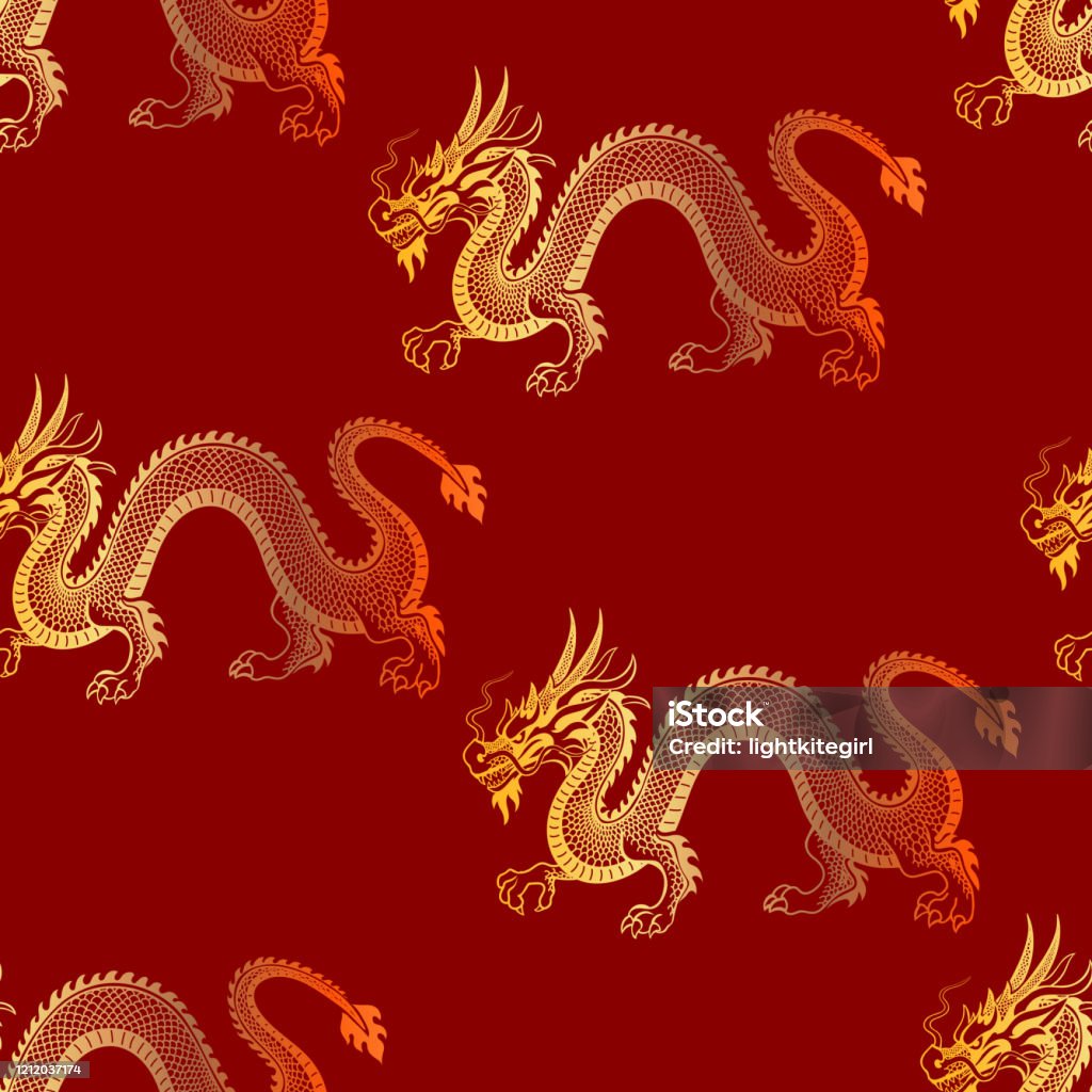 Rồng Vàng Châu Á Liền Mạch Trên Nền Đỏ Mô Hình Rồng Trung Quốc ...