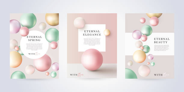 Beauty, skin care, cosmetics poster or cover set in modern minimalist style with pearl spheres of pastel shades. Concept for the beauty industry. Beauty, skin care, cosmetics poster or cover set in modern minimalist style with pearl spheres of pastel shades. Concept for the beauty industry. Trendy design for sale, advertisement, fashion ads fashion and beauty background stock illustrations