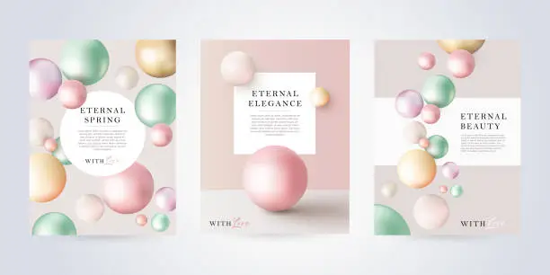 Vector illustration of Beauty, skin care, cosmetics poster or cover set in modern minimalist style with pearl spheres of pastel shades. Concept for the beauty industry.