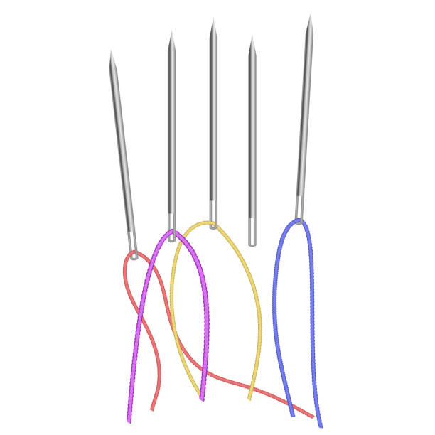 набор игл с многоцветными нитями, векторная иллюстрация изолирована на белом фоне - needle craft sewing making stock illustrations