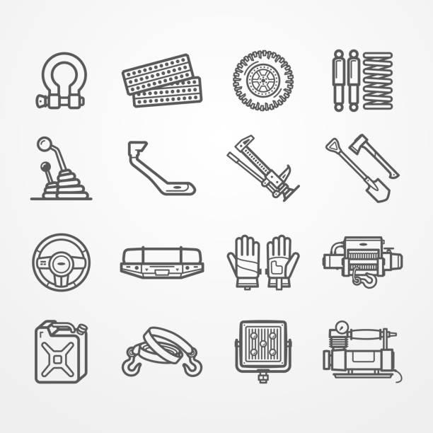 Off-road and overland car equipment vector set Set of off-road and overland car equipment icons. Shackle sand track wheel suspension gearbox snorkel jack shovel hatchet bumper gloves winch fuel tow strap light compressor. Vector stock image. cable winch stock illustrations