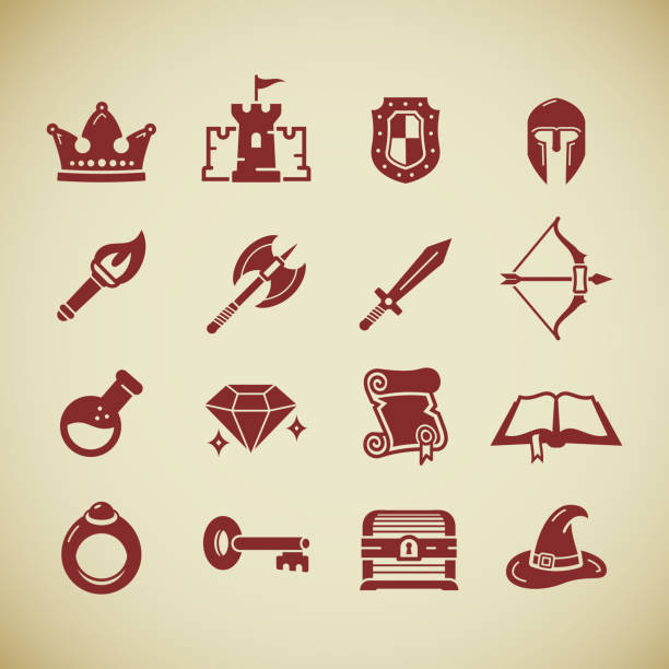 RPG role play PC game vector icons set Set of fantasy role play PC game icons in silhouette style. Sword battle axe shield warrior helmet bow castle diamond torch potion spell book scroll. Vector stock image. diamond ring clipart stock illustrations