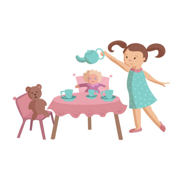 kleine mädchen spielen tee-party mit spielzeug - party tea party tea child stock-grafiken, -clipart, -cartoons und -symbole