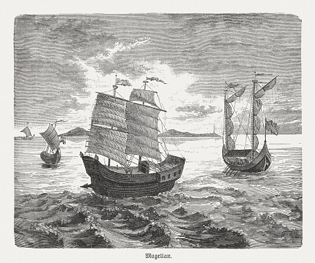 Ships of the Ferdinand Magellan (1480 - 1521) - Portuguese navigator who sailed on behalf of the Spanish crown. Magellan began the first circumnavigation of the globe, but could not finish them personally, as he was killed while traveling. Wood engraving, published in 1888.