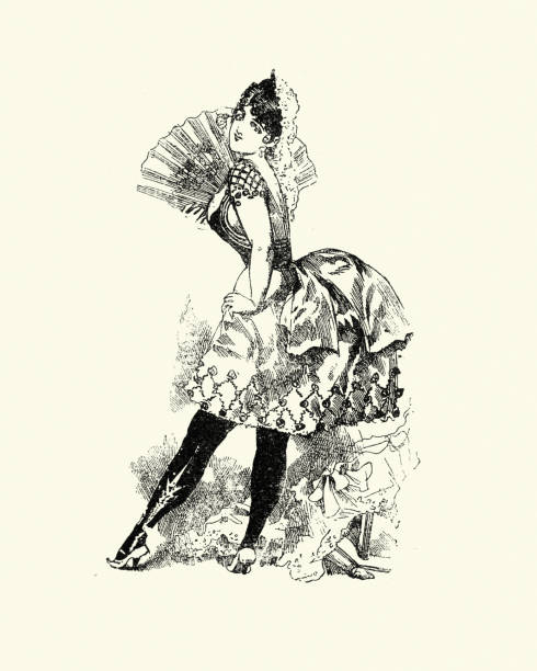 Coquettish young woman in short skirt holding a fan, Victorian Vintage engraving of coquettish young woman in short skirt holding a fan, german 19th Century vintage of burlesque dancers stock illustrations