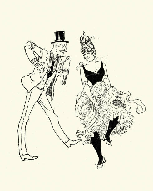 Man dancing with a Can-can showgirl, Victorian 19th Century Vintage engraving Man dancing with a Can-can showgirl, 19th Century vintage of burlesque dancers stock illustrations