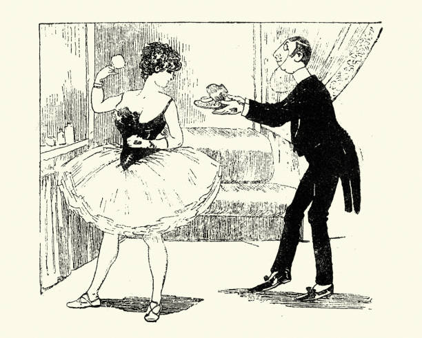 Man offering a dancer a gift, Victorian, 19th Century Vintage engraving of man offering a dancer a gift, Victorian, 19th Century vintage of burlesque dancers stock illustrations