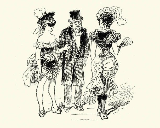 Senior man with two young showgirls, Victorian 19th Century Vintage engraving of senior man with two young showgirls, 1880s, German 19th Century vintage of burlesque dancers stock illustrations
