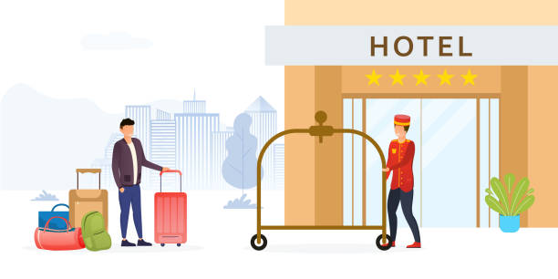 Hotel doorman rolling out the cart for luggage Fancy five star hotel doorman in red uniform rolling out the baggage cart or luggage trolley outdoors to help a visitor man with his suitcases and bags. Vector illustration doorman stock illustrations