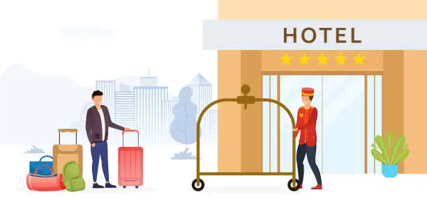 Vector illustration of Hotel doorman rolling out the cart for luggage