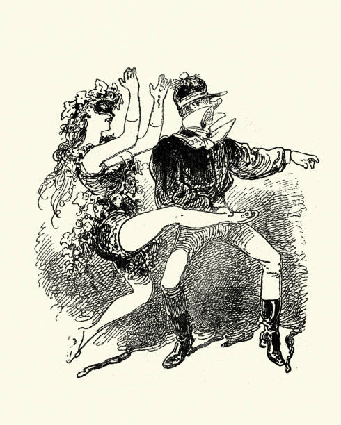 Victorian showgirl and man dancing with wild abandon Vintage engraving Victorian Cartoon of a showgirl dacning with a man kicking her leg high in the air 1880s, German vintage of burlesque dancers stock illustrations