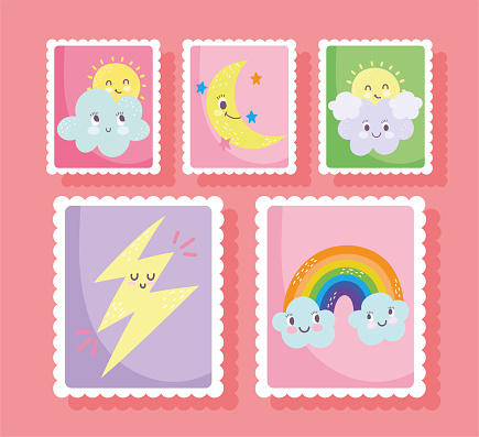 Cute Stamps Cartoon Clouds Moon Sun Rainbow Thunderbolt Stars Icons Stock  Illustration - Download Image Now - iStock