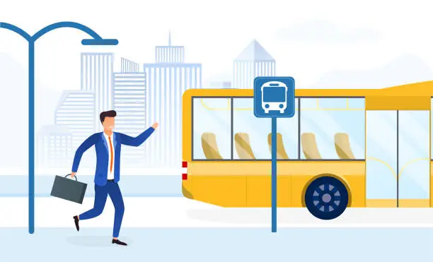 Vector illustration of Businessman hurrying for bus