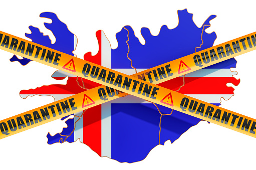 Quarantine in Iceland concept. Icelandic map with caution barrier tapes, 3D rendering isolated on white background