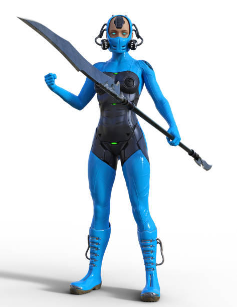 istock Cyborg Woman warrior armed with long sword, 3d illustration 1212048090