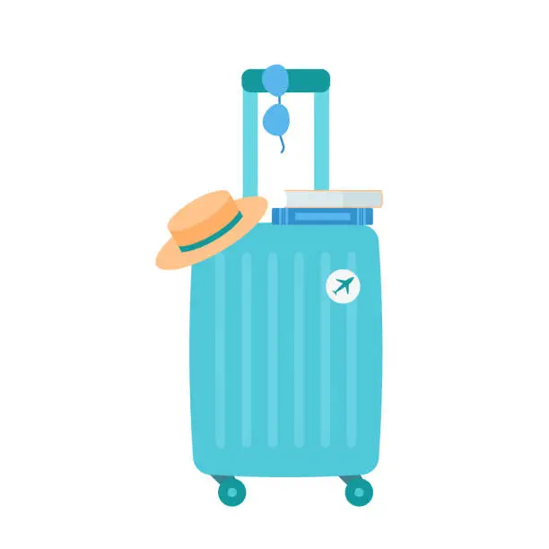 Vector illustration of Suitcase for Travel. Adventure with Luggage. Color plastic travel bag with different travel elements. Vector illustration.