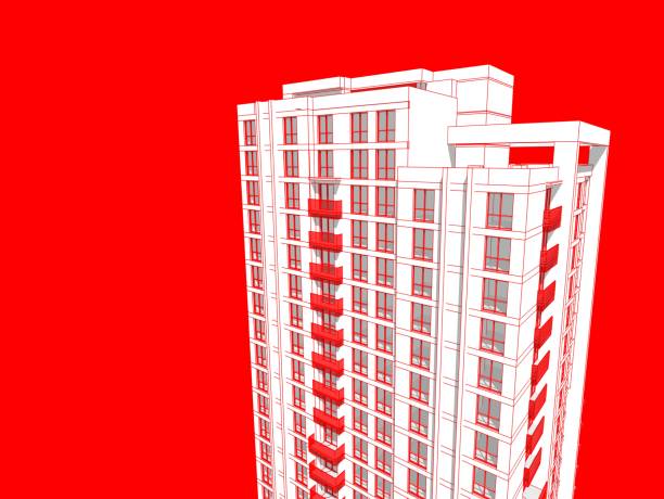 Close up view of upper floors in red background.