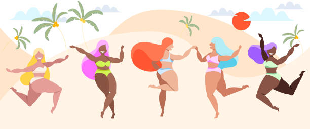 illustrations, cliparts, dessins animés et icônes de personnages féminins dans des maillots de bain dansant sur la plage. l’été, le soleil, les nuages et les palmiers. variété de tons de peau, de coiffures et de couleurs. illustration de vecteur à la mode des filles de danse. conception d’applicati - the human body dancing female silhouette