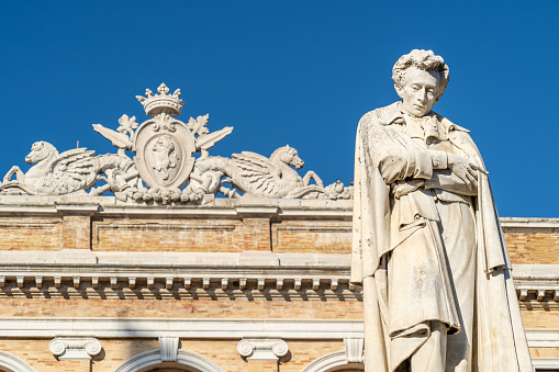 A close-up of the triumphal statues on the Rua Augusta Arch, in Lisbon's imposing Praça do Comércio square.