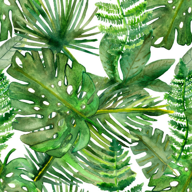istock Watercolor hand painted nature tropical seamless pattern with green different palm leaves composition on the white background, jungle plants print for design elements and textile 1212052840