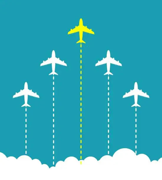 Vector illustration of Business leadership concept with bright yellow paper plane leading white airplanes in the sky