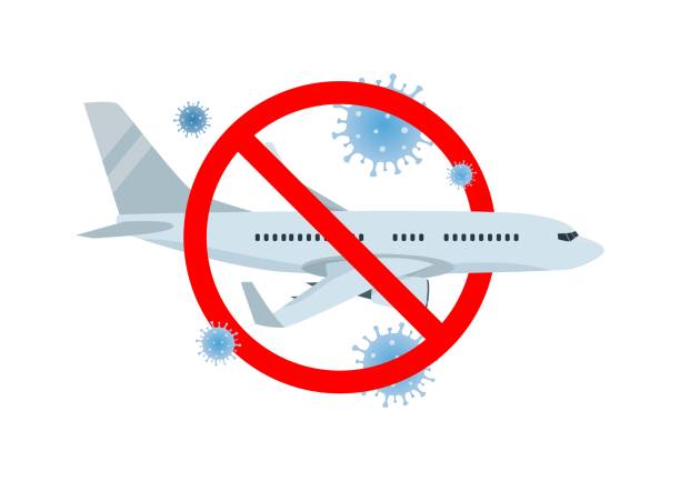 векторная концепция отмены рейсов, запрещенный полет самолета с коронавирусом covid-19 икон. - jet way stock illustrations