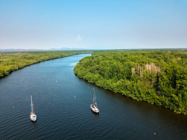 A pair of anchored sailboats in the middle of a mangrove canal in the Jiquilisco bay, Usulután, El Salvador.