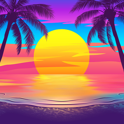 Tropical beach at sunset with palm trees. Vector illustration of EPS10 with bright colors.