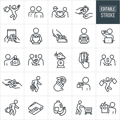 A set of shopping icons that include editable strokes or outlines using the EPS vector file. The icons include a person jumping for joy with shopping bags in one hand and a credit card in the other, customer being approached by a salesman, deliveryman delivering a package to a customer, hand giving another hand cash, online purchasing from a tablet pc, customer holding a bag of groceries, credit card being scanned in a credit card reader, customer holding a wrapped gift, customer holding credit card while sitting at laptop, shopper holding shopping bags, two people shaking hands while one holds a credit card, food scale, online purchasing from smartphone, person giving another person a credit card, customer carrying shopping basket, customer holding up credit card, groceries, shopper pushing shopping cart and a shopper holding up a shirt for purchase to name a few.