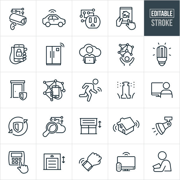 Internet of Things Thin Line Icons - Editable Stroke A set of internet of things icons. The icons have editable strokes or outlines when using the vector file format. The icons include the internet of things, artificial intelligence, home automation, computer network, security camera, vehicle automation, power outlet, smart home, technology, smartphone, smart technology, cloud computing, internet, home security, intelligence, wireless technology, security system, thermostat, automated garage door, automated blinds, automated appliances and other conceptually related icons. Blinds stock illustrations