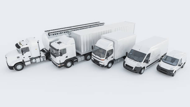 흰색 배경에 행에 흰색 배달 밴과 트럭의 높은 각도보기 - truck semi truck white delivery van 뉴스 사진 이미지