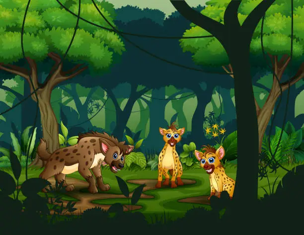 Vector illustration of Cartoon three hyenas in a tropical jungle rainforest background