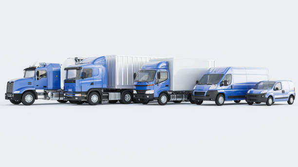 istock Lined Up Trucks and Vans in Blue Color on White Background 1212065493