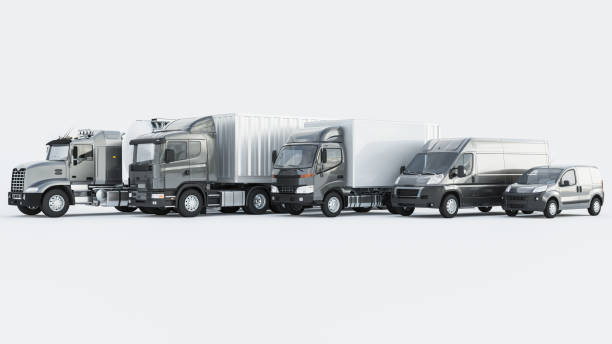different kinds of commercial vehicles in black color on white background - semi auto imagens e fotografias de stock