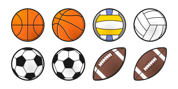 ilustrações de stock, clip art, desenhos animados e ícones de collection of sport balls. line style icon design. flat vector illustration isolated on white background. - retro revival basketball american culture sport