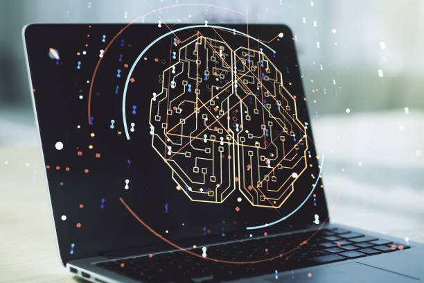 istock Double exposure of creative artificial Intelligence symbol with modern laptop on background. Neural networks and machine learning concept 1212069388