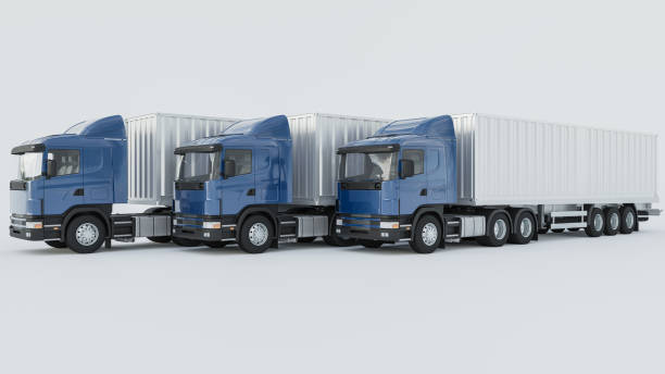 istock Semi Container Trucks with Blue Cabins Aligned in a Row on White Background 1212072212