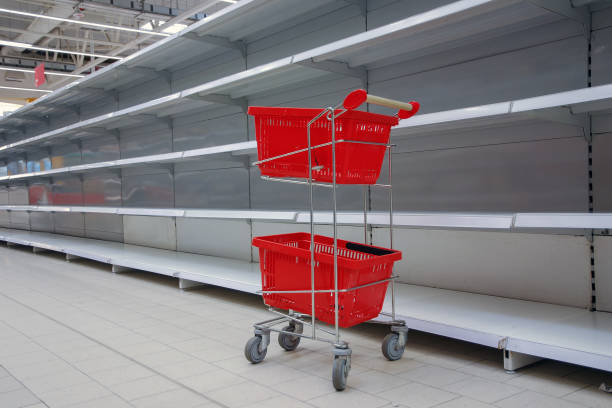shopping trolley with empty baskets against empty shelves in grocery store