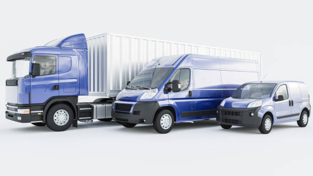 Semi Container Truck Lined Up with Blue Delivery Vans on White Background High Resolution 3D Rendering car transporter stock pictures, royalty-free photos & images