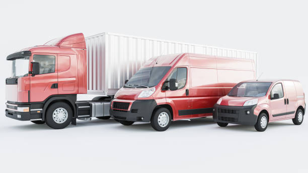 Semi Container Truck Lined Up with Red Delivery Vans on White Background High Resolution 3D Rendering car transporter stock pictures, royalty-free photos & images