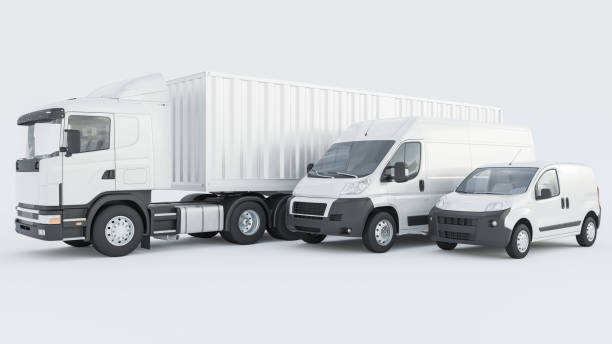 istock Semi Container Truck Lined Up with White Delivery Vans on White Background 1212075217