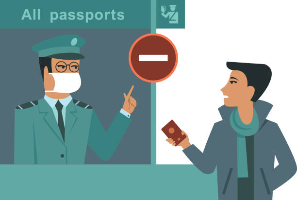 covid-19  concept. closing the country border during coronavirus pandemic. covid-19  2019-nCoV concept. closing the country border during coronavirus pandemic.  immigration officer checking passport flat vector illustration immigrants crossing sign stock illustrations