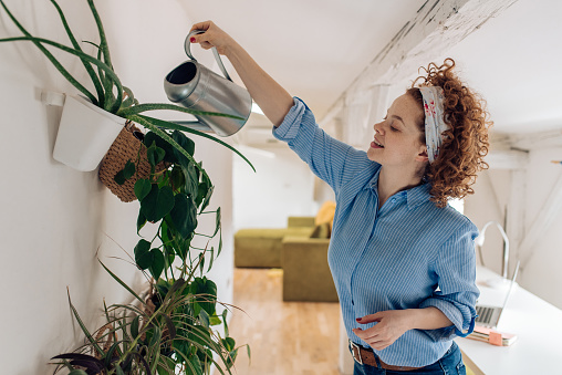 Beautiful young woman watering plants at her new apartment.
